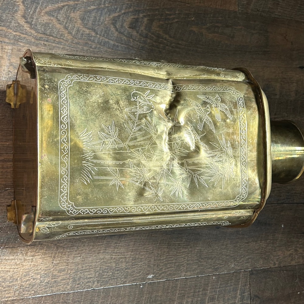 Vintage Large Etched Brass Chinoiserie Tea Caddy Canister Hong Kong Birds Bamboo - Picture 4 of 12